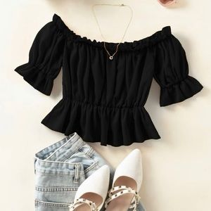 Flounce Sleeve Frill Trim Bardot Peolum Blouse